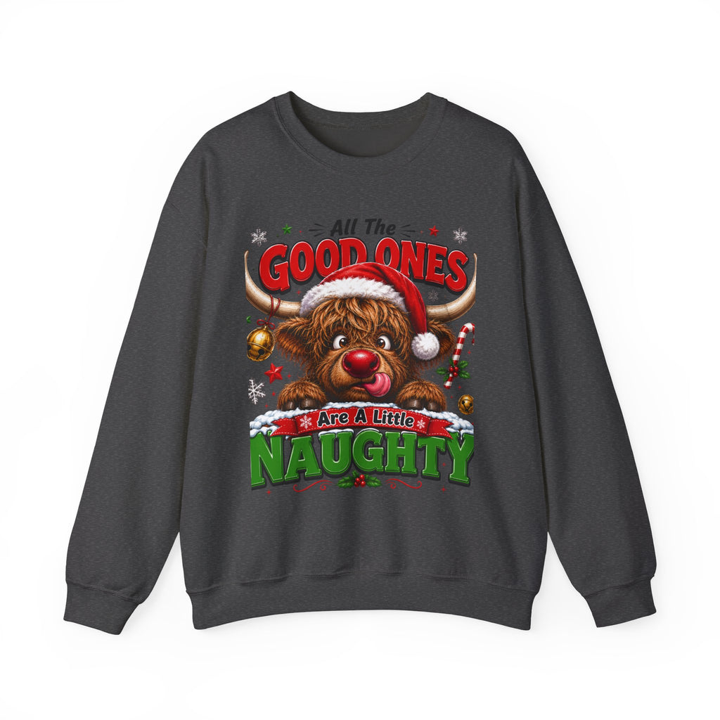 Naughty Highland Cow Christmas Sweatshirt – "All the Good Ones Are a Little Naughty"