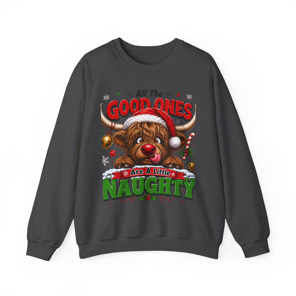 Naughty Highland Cow Christmas Sweatshirt – "All the Good Ones Are a Little Naughty"
