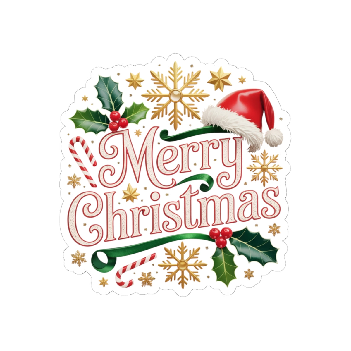 Merry Christmas Holiday Sticker — Festive Santa Hat & Holly Kiss-Cut Sticker