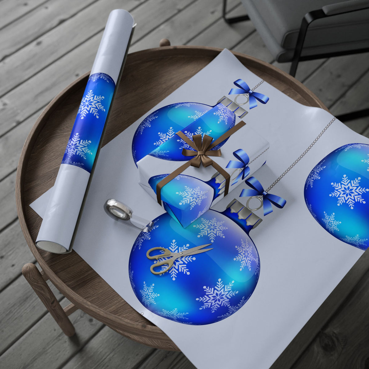 Blue Ornament Wrapping Paper - Holiday Christmas Gift Wrap with Blue Baubles Pattern