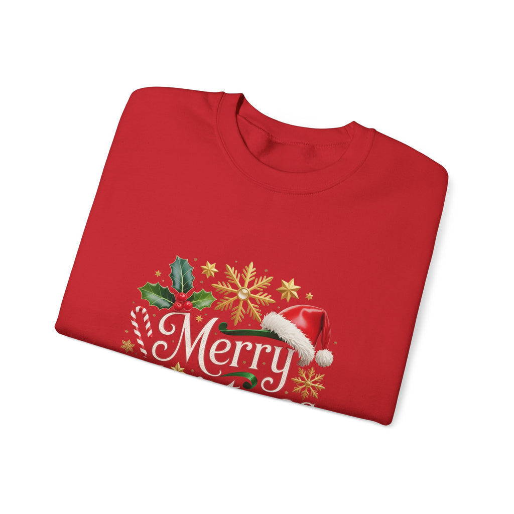 Merry Christmas Crewneck Sweatshirt — Festive Santa Hat & Holly Holiday Pullover