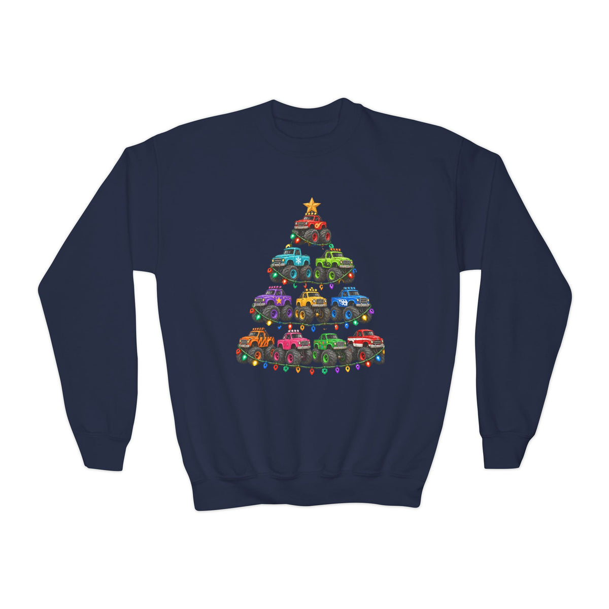Youth Crewneck Sweatshirt — Colorful Monster Truck Christmas Tree Holiday Sweatshirt