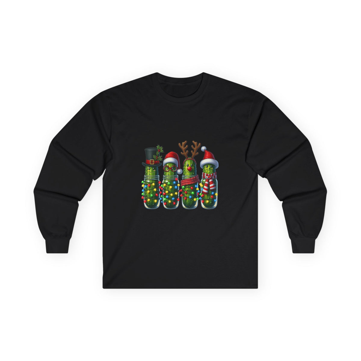 Long Sleeve Tee - Christmas Pickle Family with Santa Hat & Reindeer Holiday Design