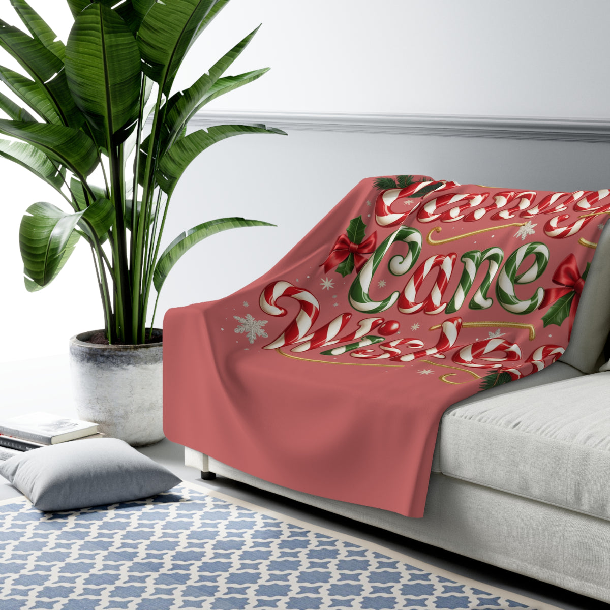 Candy Cane Wishes Sherpa Blanket — Cozy Christmas Throw with Festive Candy Cane Typography