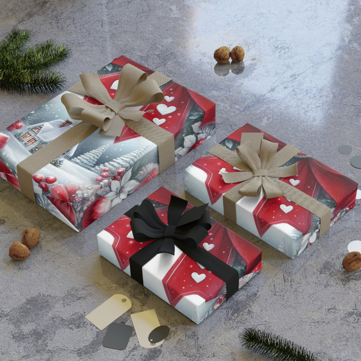 Christmas Wreath Gift Wrap Roll — Red Bow & Snowy Cottage Holiday Wrapping Paper