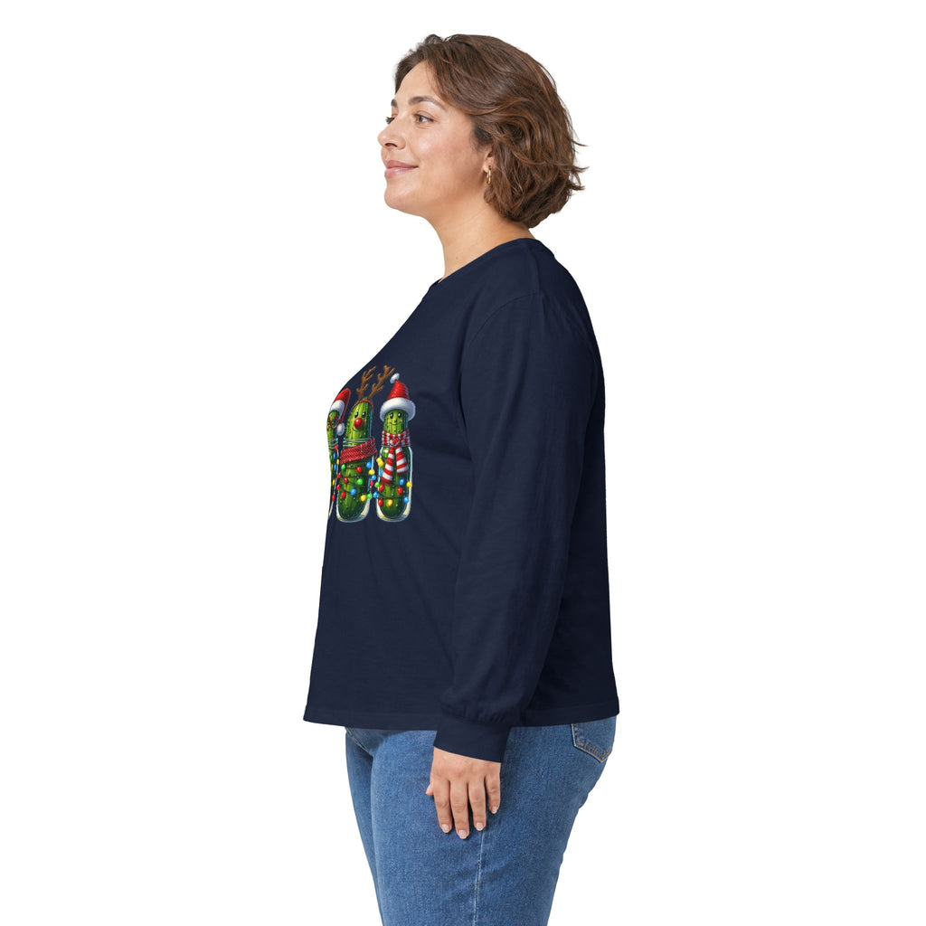 Long Sleeve Tee - Christmas Pickle Family with Santa Hat & Reindeer Holiday Design