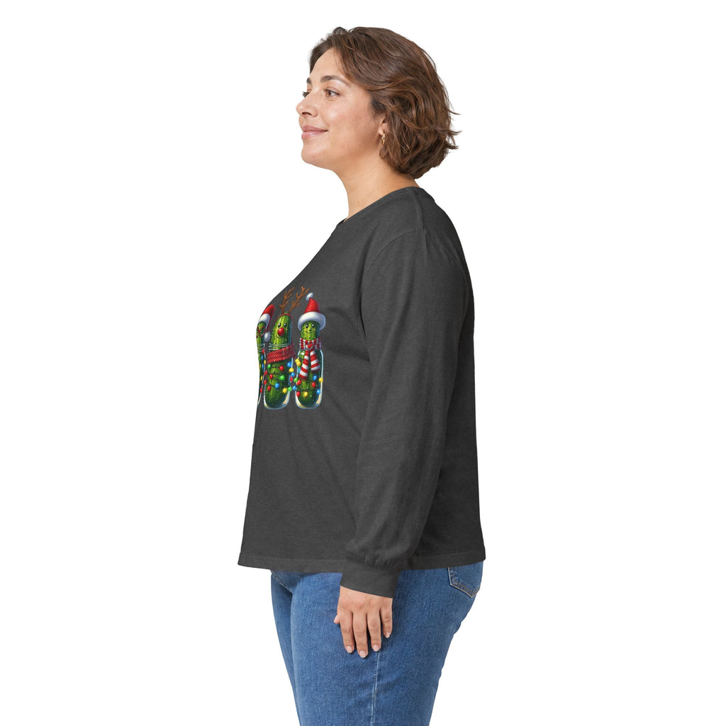 Long Sleeve Tee - Christmas Pickle Family with Santa Hat & Reindeer Holiday Design