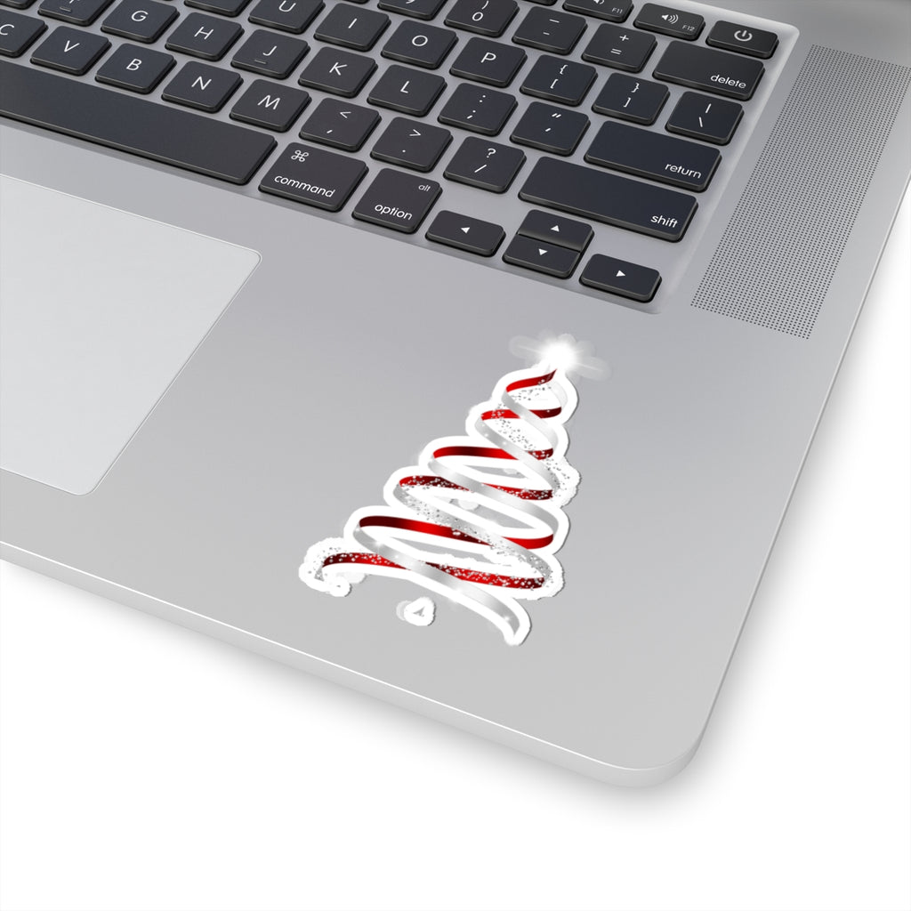 Christmas Ribbon Tree Sticker — Red & White Spiral Holiday Kiss-Cut Sticker