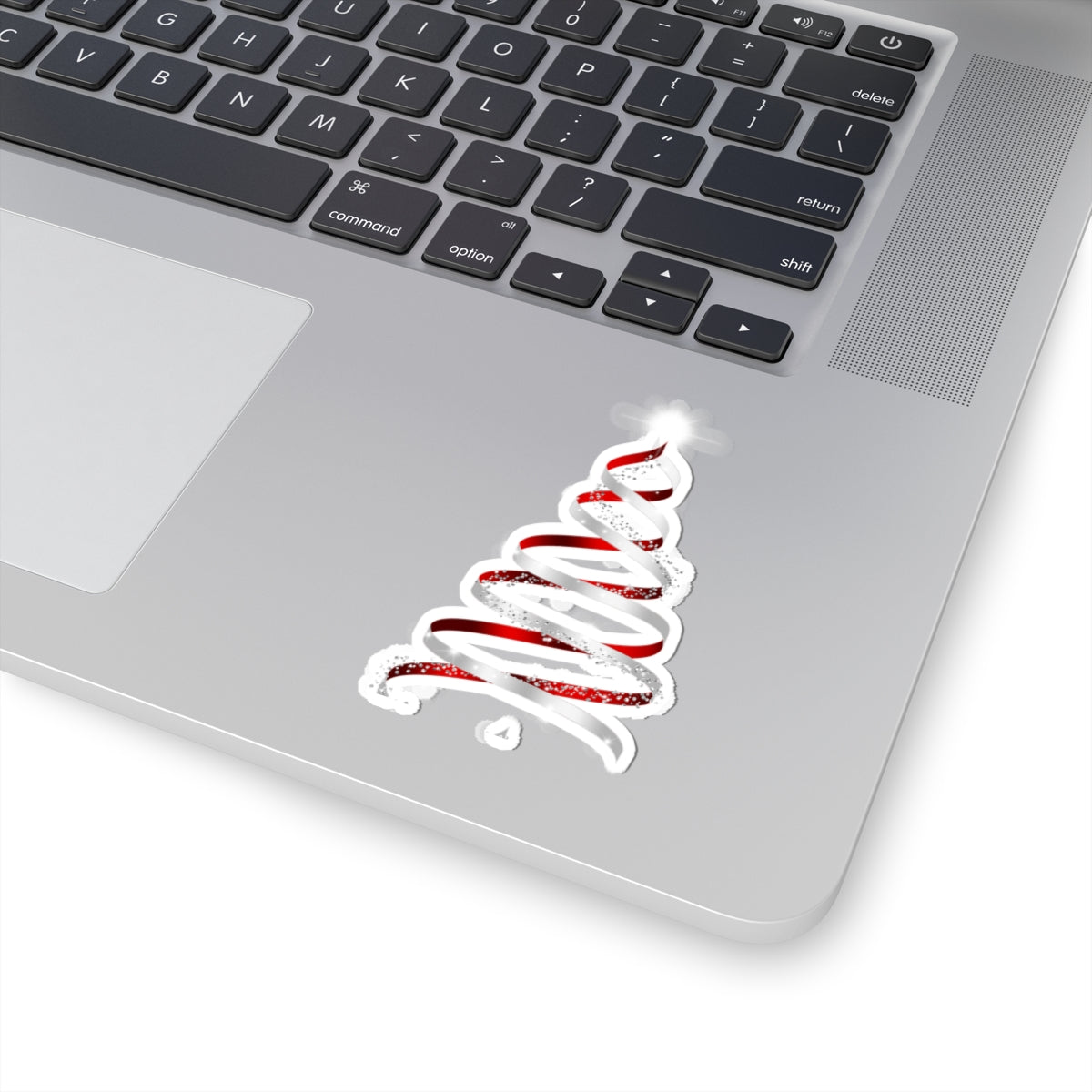 Christmas Ribbon Tree Sticker — Red & White Spiral Holiday Kiss-Cut Sticker