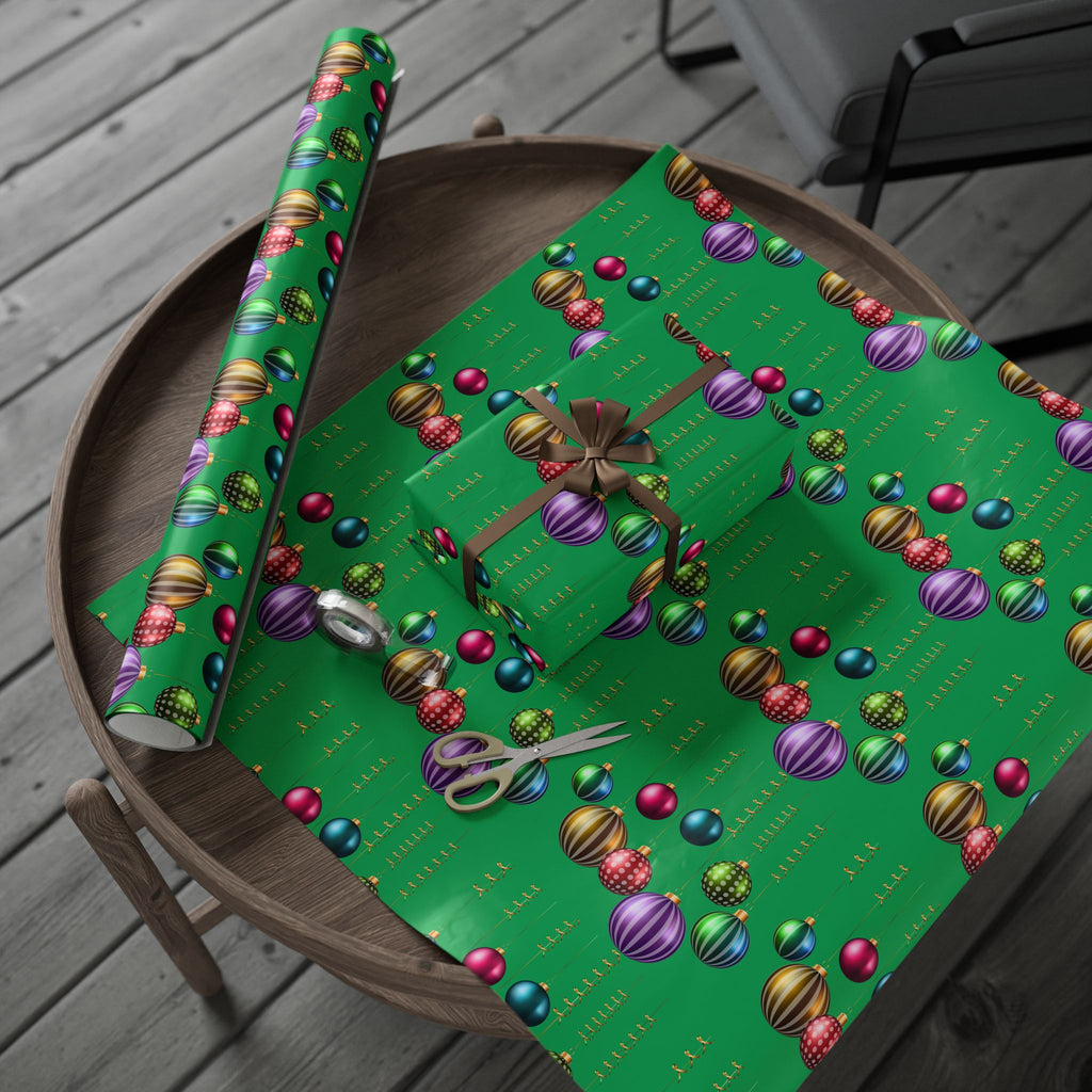 Christmas Ornament Wrapping Paper - Green Holiday Gift Wrap with Vintage Baubles
