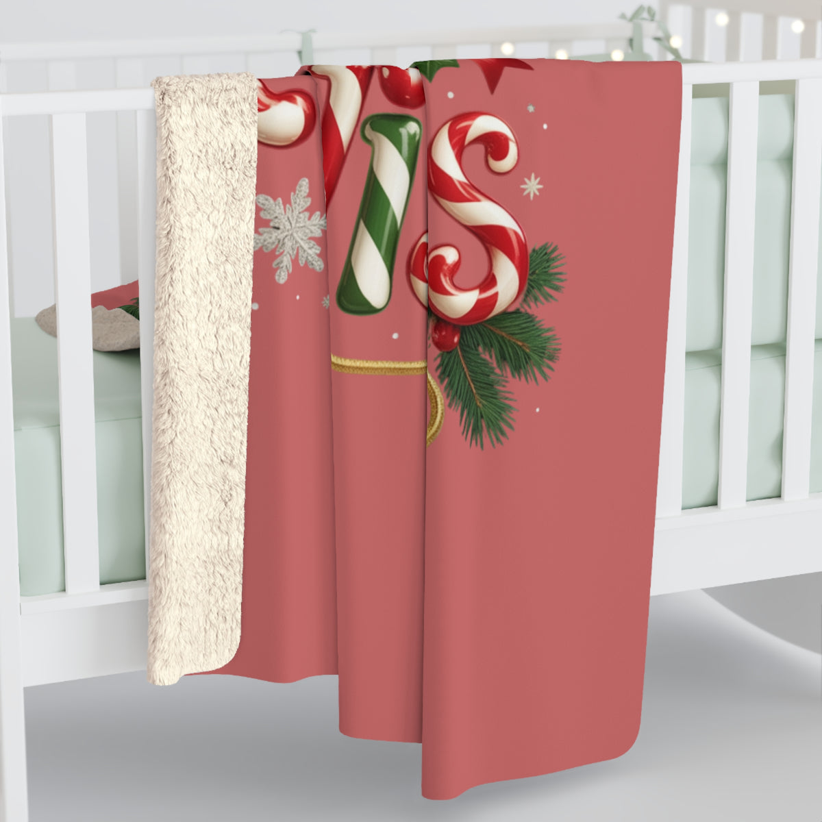 Candy Cane Wishes Sherpa Blanket — Cozy Christmas Throw with Festive Candy Cane Typography
