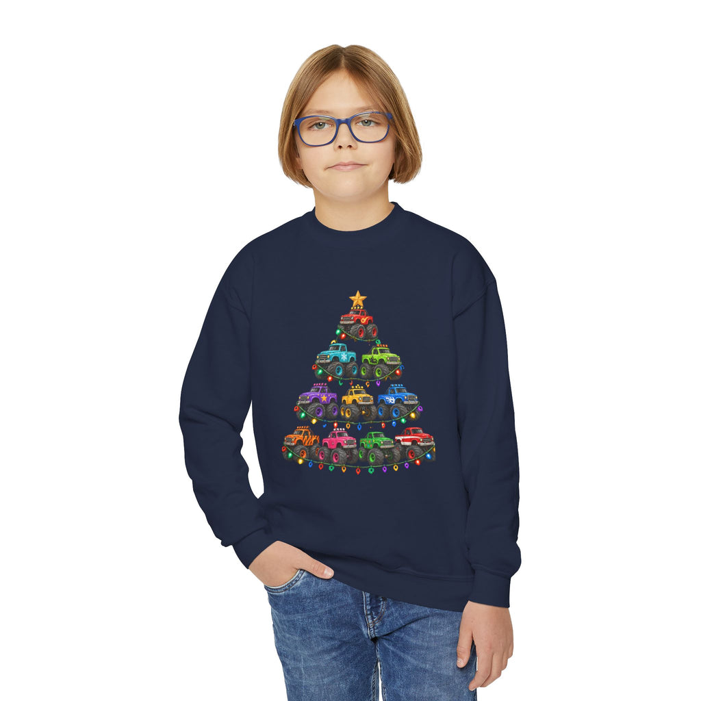 Youth Crewneck Sweatshirt — Colorful Monster Truck Christmas Tree Holiday Sweatshirt