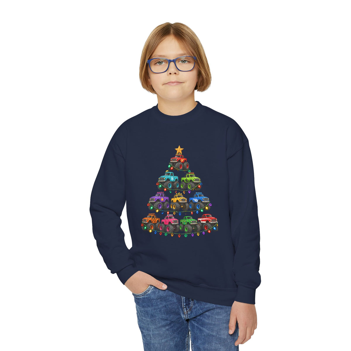 Youth Crewneck Sweatshirt — Colorful Monster Truck Christmas Tree Holiday Sweatshirt