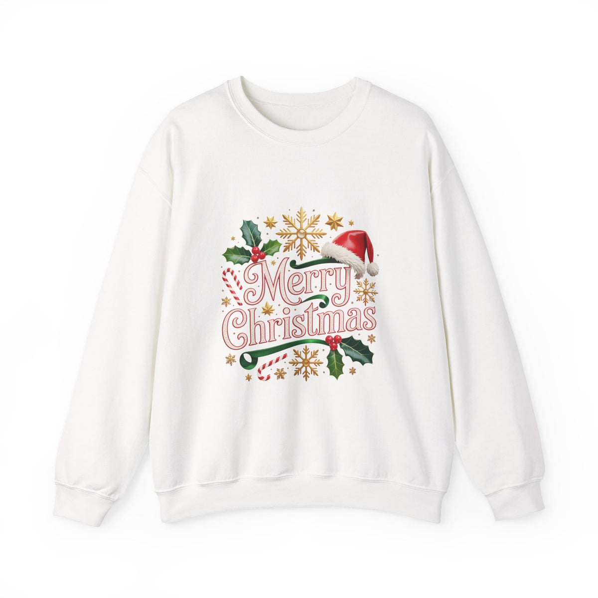 Merry Christmas Sweatshirt - Festive Holiday Crewneck with Santa Hat & Holly