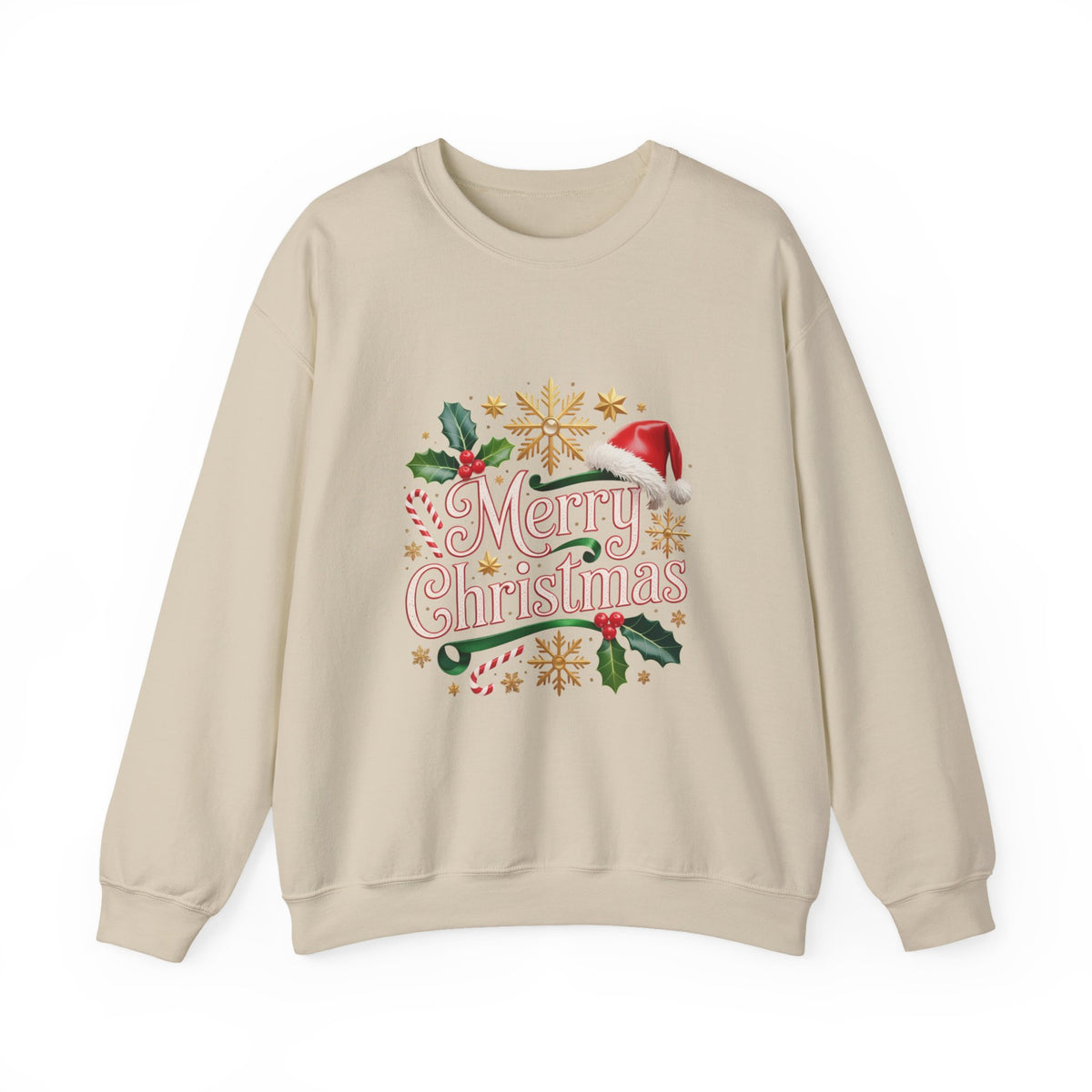 Merry Christmas Sweatshirt - Festive Holiday Crewneck with Santa Hat & Holly
