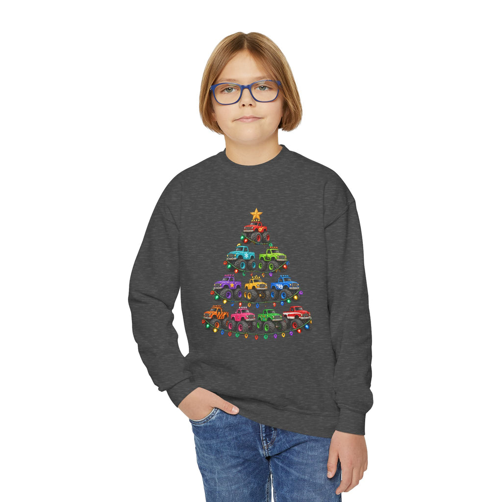 Youth Crewneck Sweatshirt — Colorful Monster Truck Christmas Tree Holiday Sweatshirt