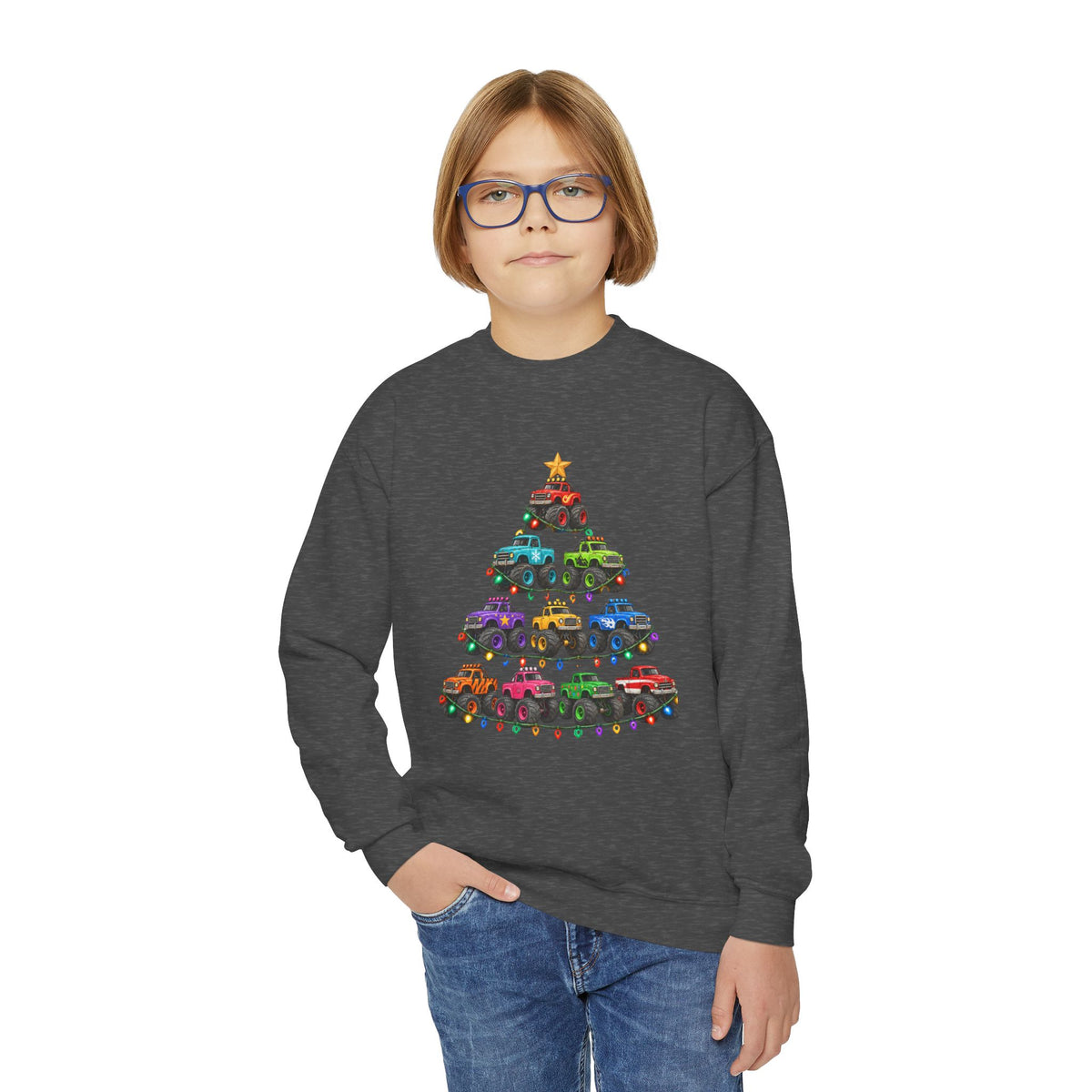 Youth Crewneck Sweatshirt — Colorful Monster Truck Christmas Tree Holiday Sweatshirt