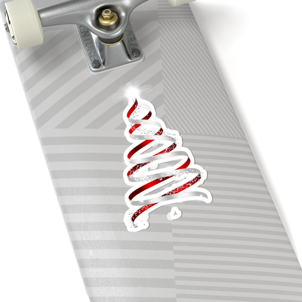 Christmas Ribbon Tree Sticker — Red & White Spiral Holiday Kiss-Cut Sticker