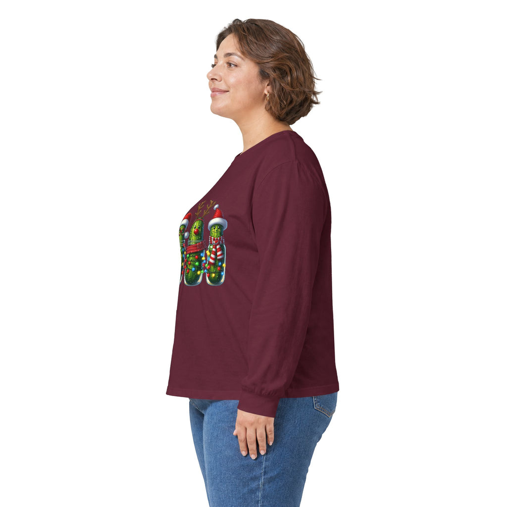 Long Sleeve Tee - Christmas Pickle Family with Santa Hat & Reindeer Holiday Design