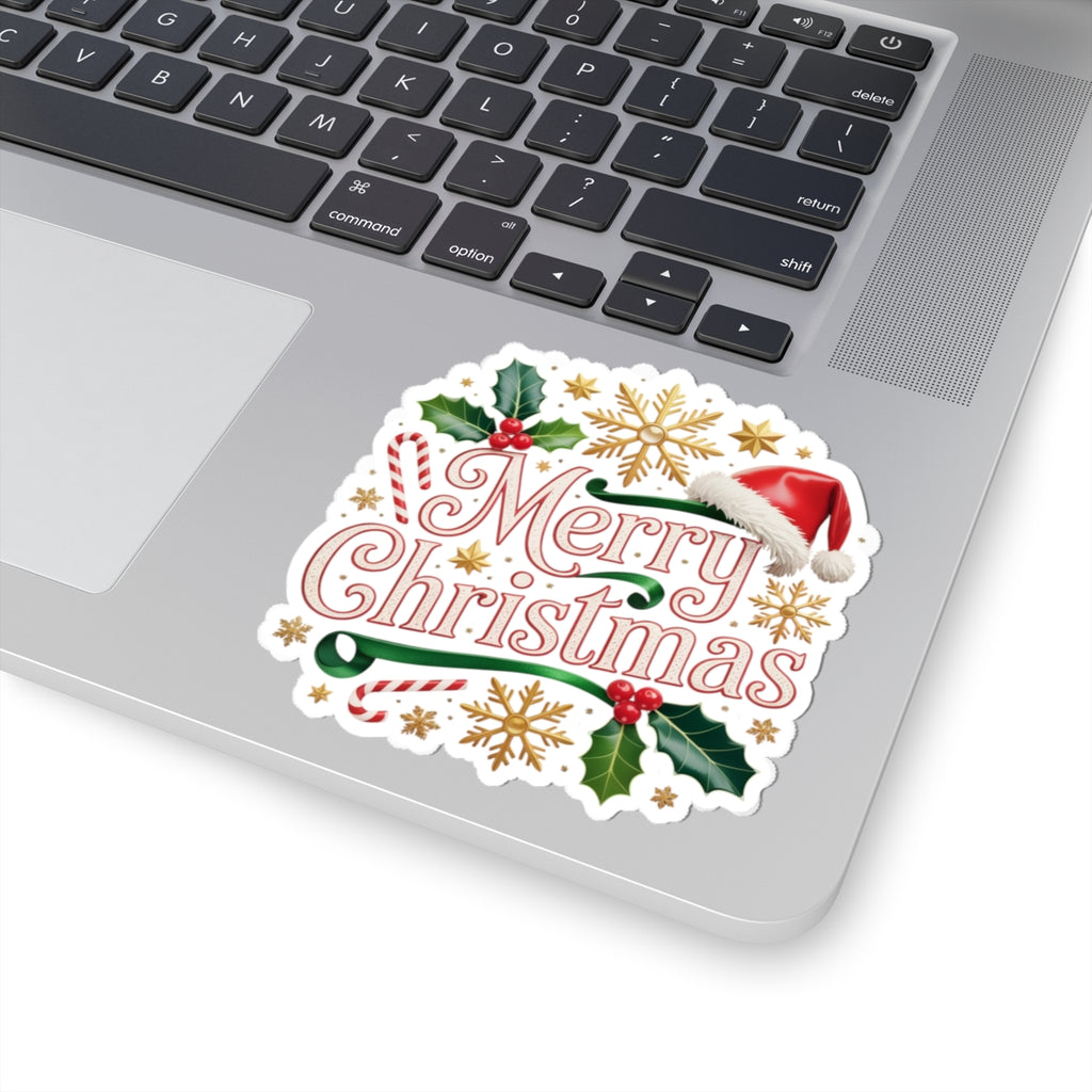 Merry Christmas Holiday Sticker — Festive Santa Hat & Holly Kiss-Cut Sticker