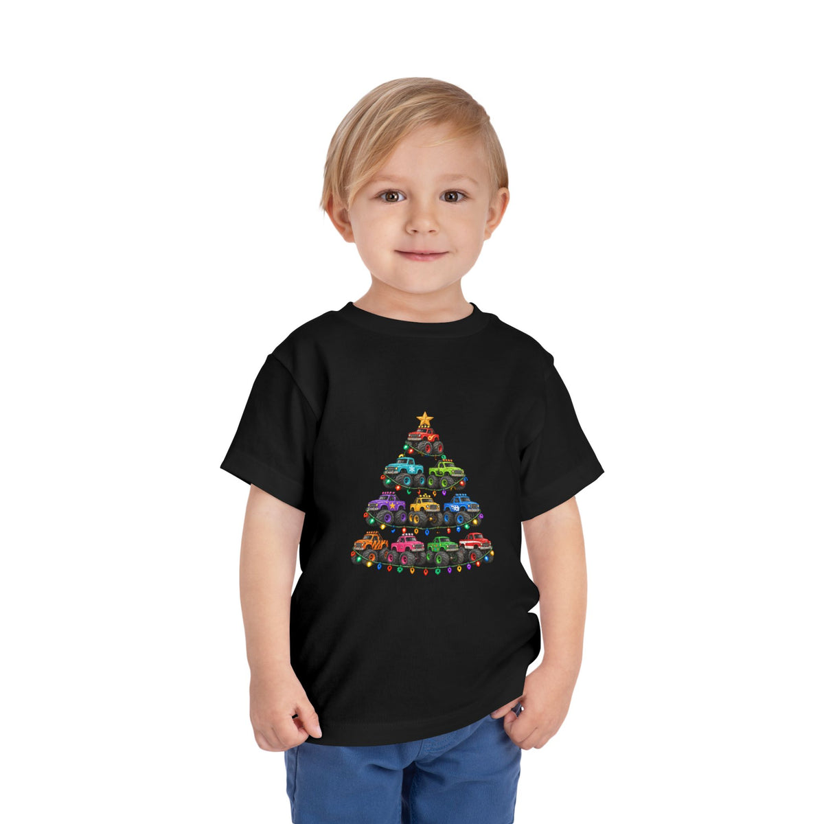 Toddler Tee — Colorful Monster Truck Christmas Tree Holiday Shirt