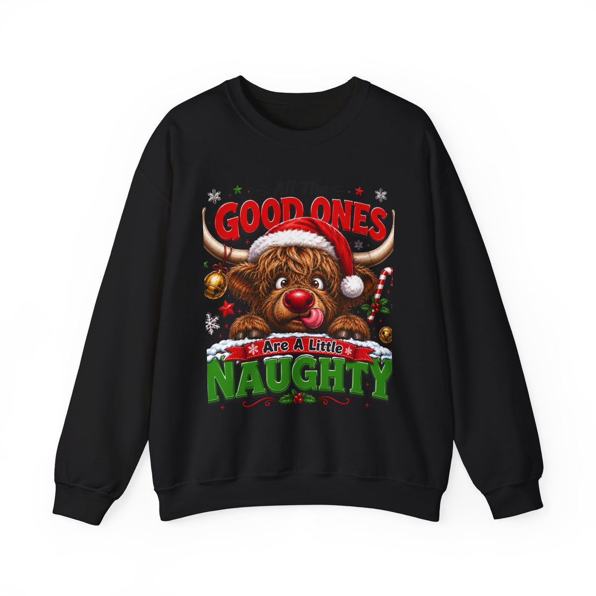 Naughty Highland Cow Christmas Sweatshirt – "All the Good Ones Are a Little Naughty"