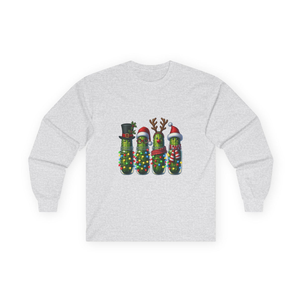 Long Sleeve Tee - Christmas Pickle Family with Santa Hat & Reindeer Holiday Design
