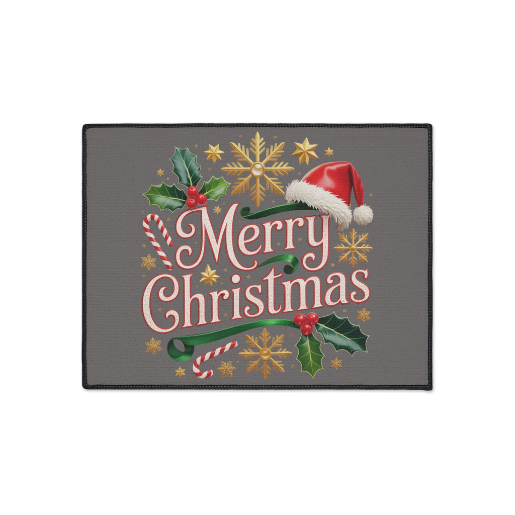 Merry Christmas Heavy Duty Floor Mat — Festive Holiday Door Mat with Santa Hat & Holly