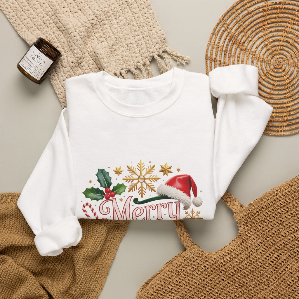 Merry Christmas Crewneck Sweatshirt — Festive Santa Hat & Holly Holiday Pullover