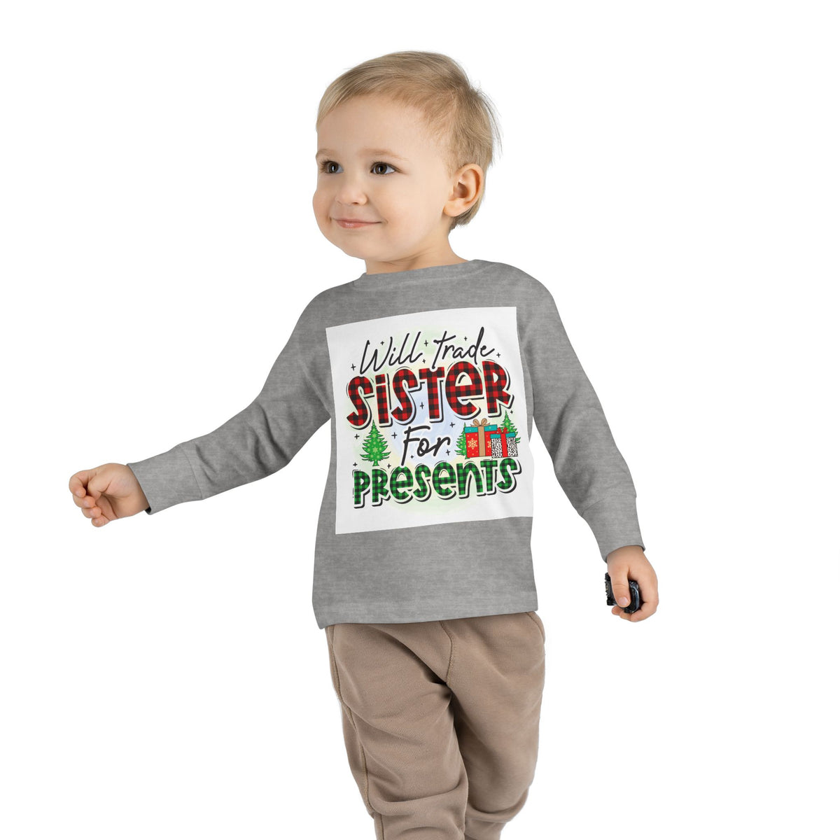 Toddler Long Sleeve Tee — "Will Trade Sister for Presents" Christmas Shirt