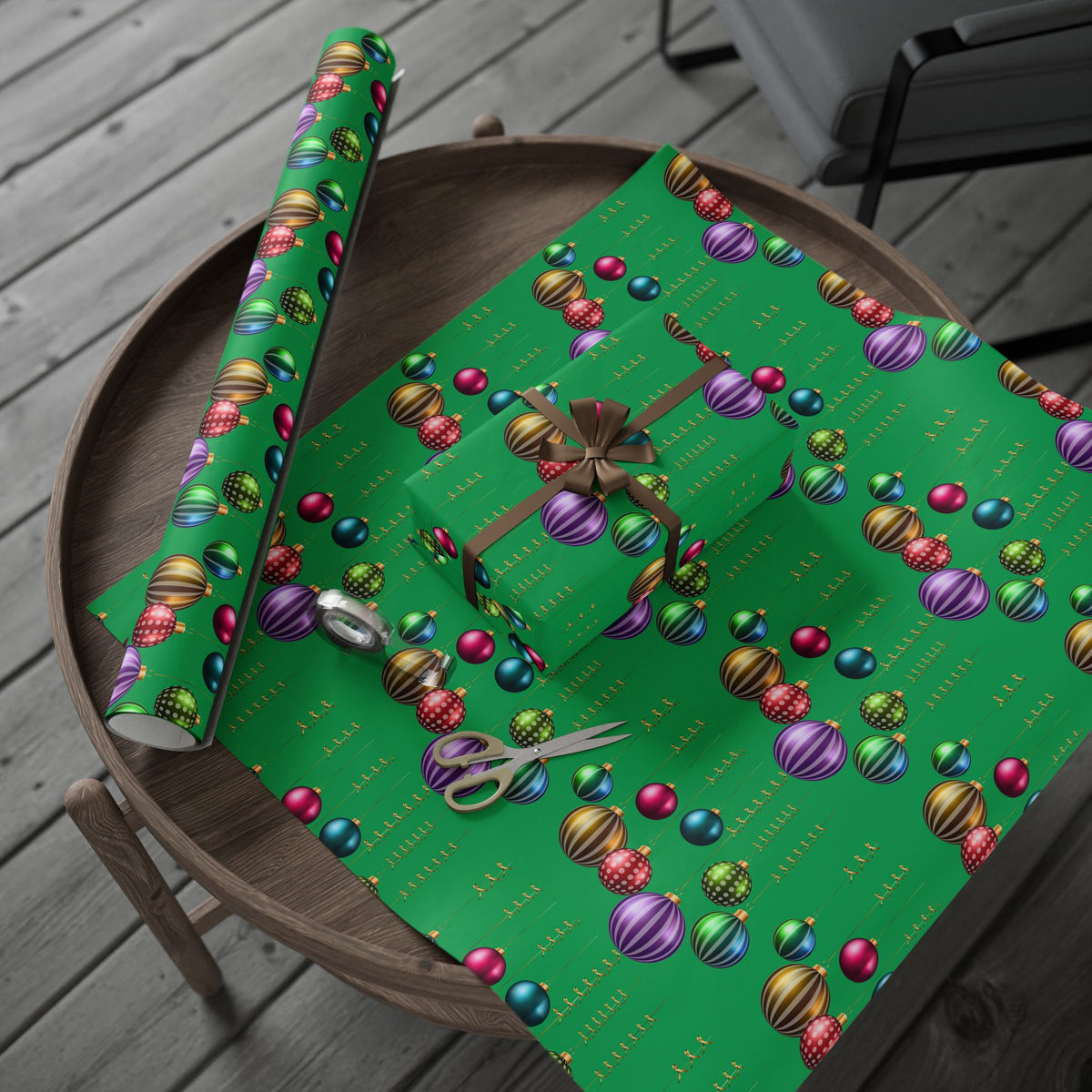 Christmas Ornament Wrapping Paper - Green Holiday Gift Wrap with Vintage Baubles