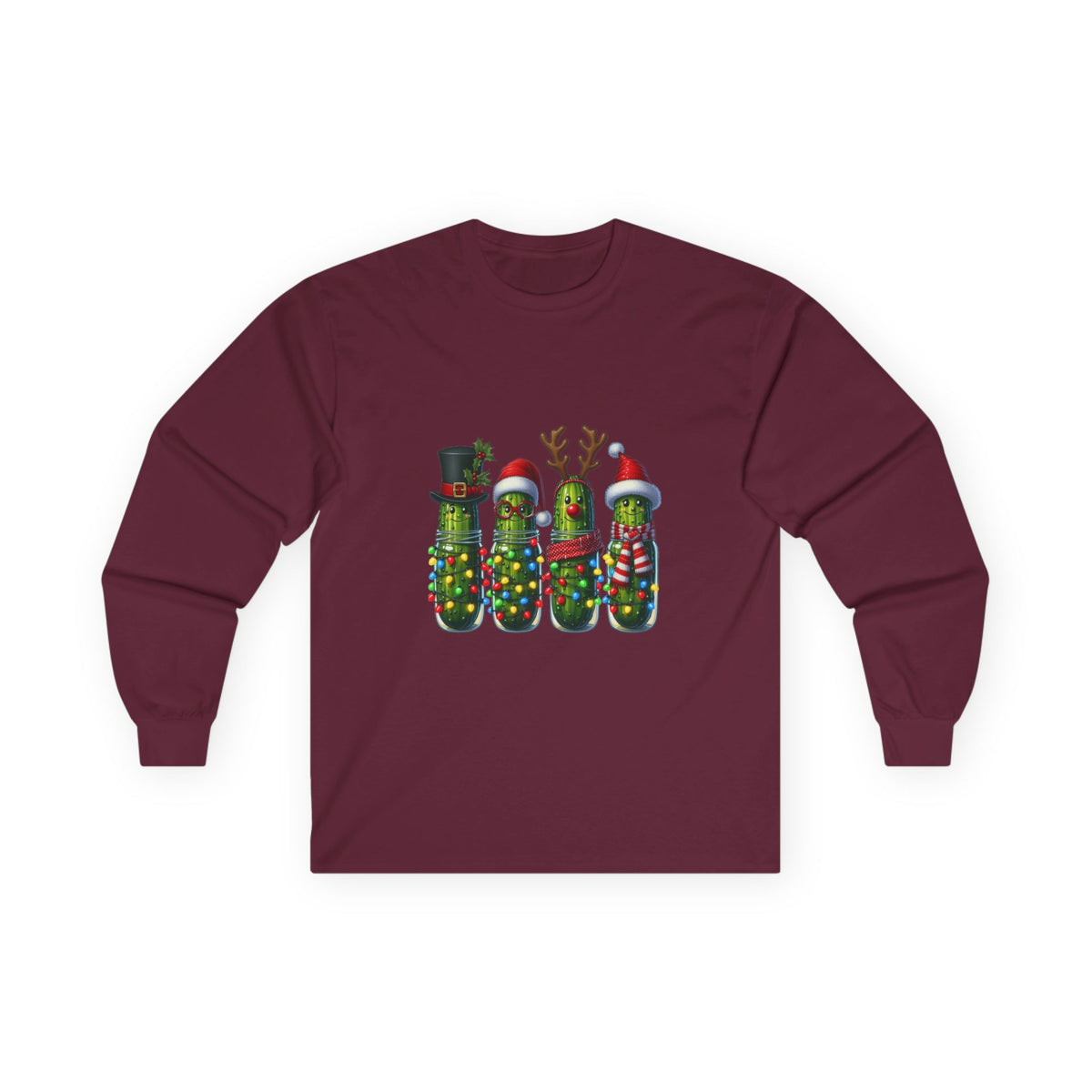 Long Sleeve Tee - Christmas Pickle Family with Santa Hat & Reindeer Holiday Design