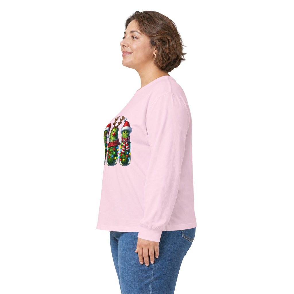 Long Sleeve Tee - Christmas Pickle Family with Santa Hat & Reindeer Holiday Design