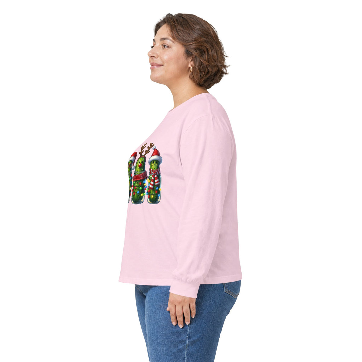 Long Sleeve Tee - Christmas Pickle Family with Santa Hat & Reindeer Holiday Design