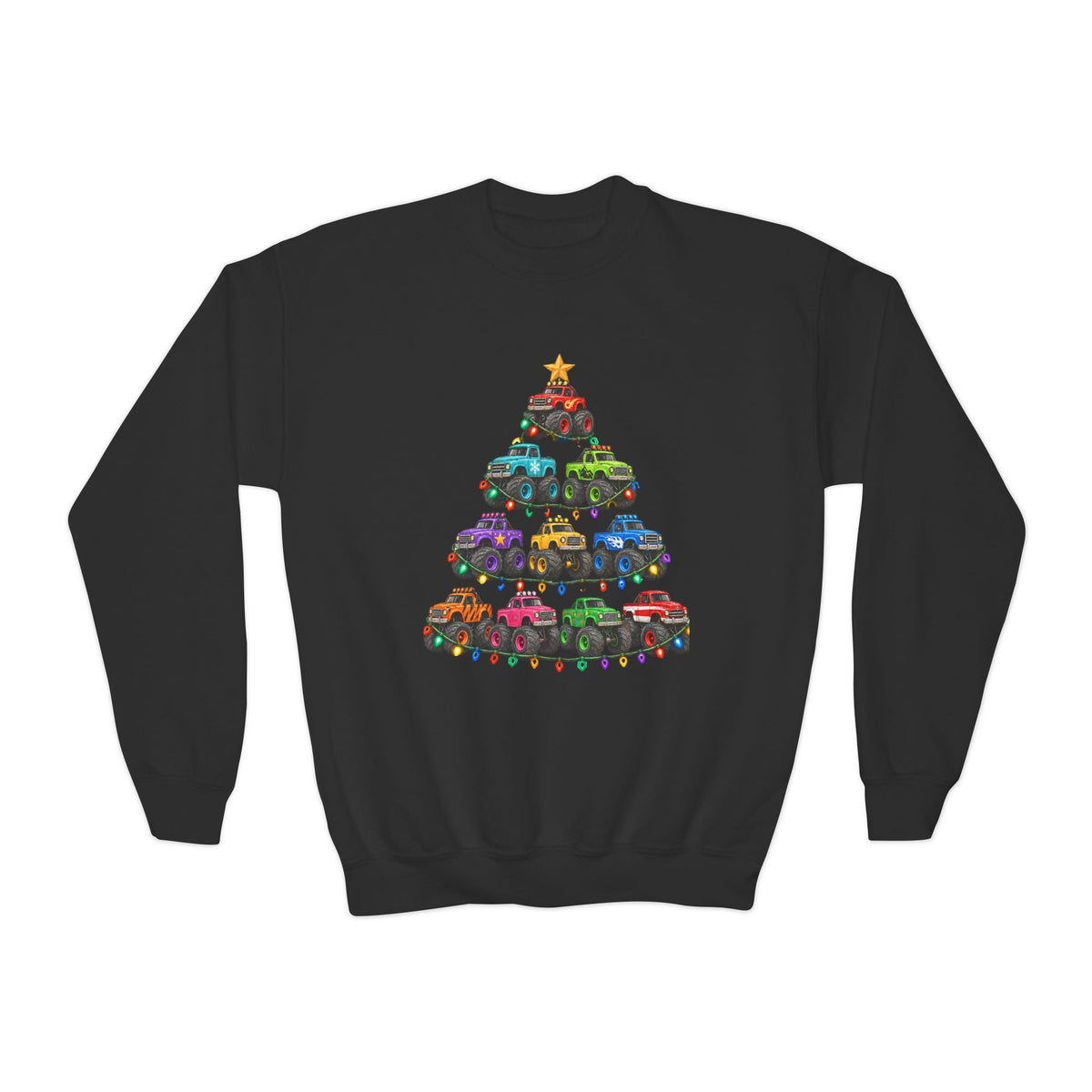 Youth Crewneck Sweatshirt — Colorful Monster Truck Christmas Tree Holiday Sweatshirt
