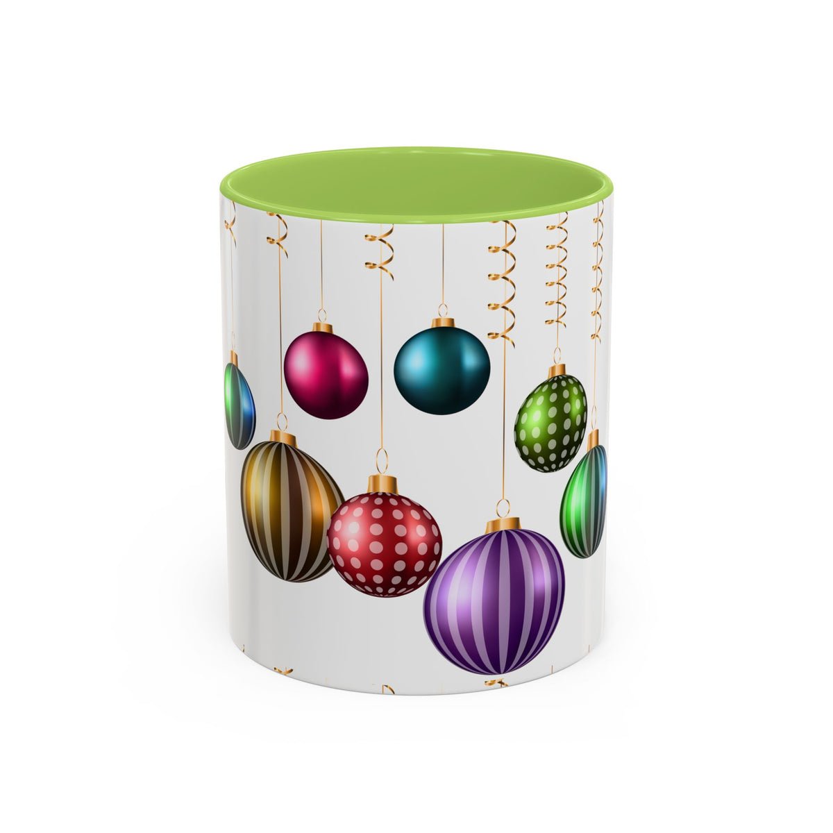 Holiday Ornament Accent Coffee Mug — Colorful Hanging Baubles 11/15oz