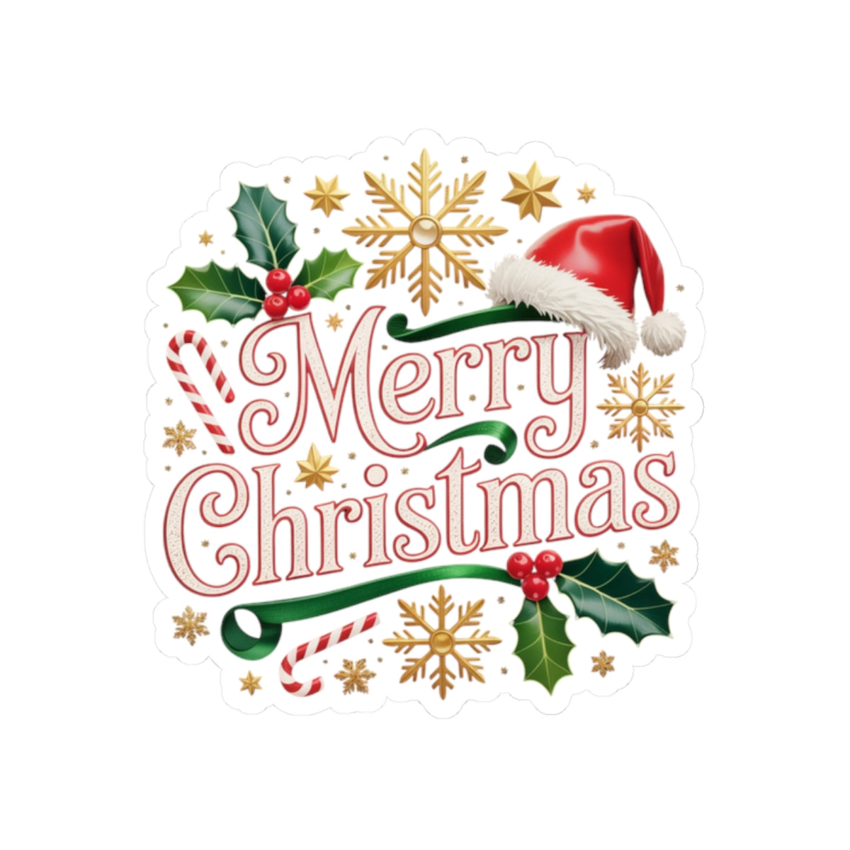 Merry Christmas Holiday Sticker — Festive Santa Hat & Holly Kiss-Cut Sticker