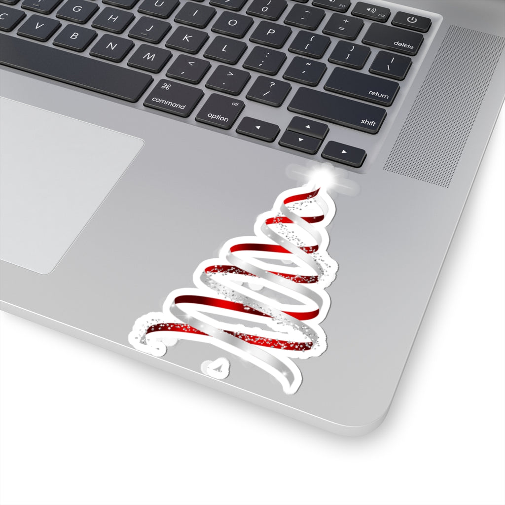 Christmas Ribbon Tree Sticker — Red & White Spiral Holiday Kiss-Cut Sticker