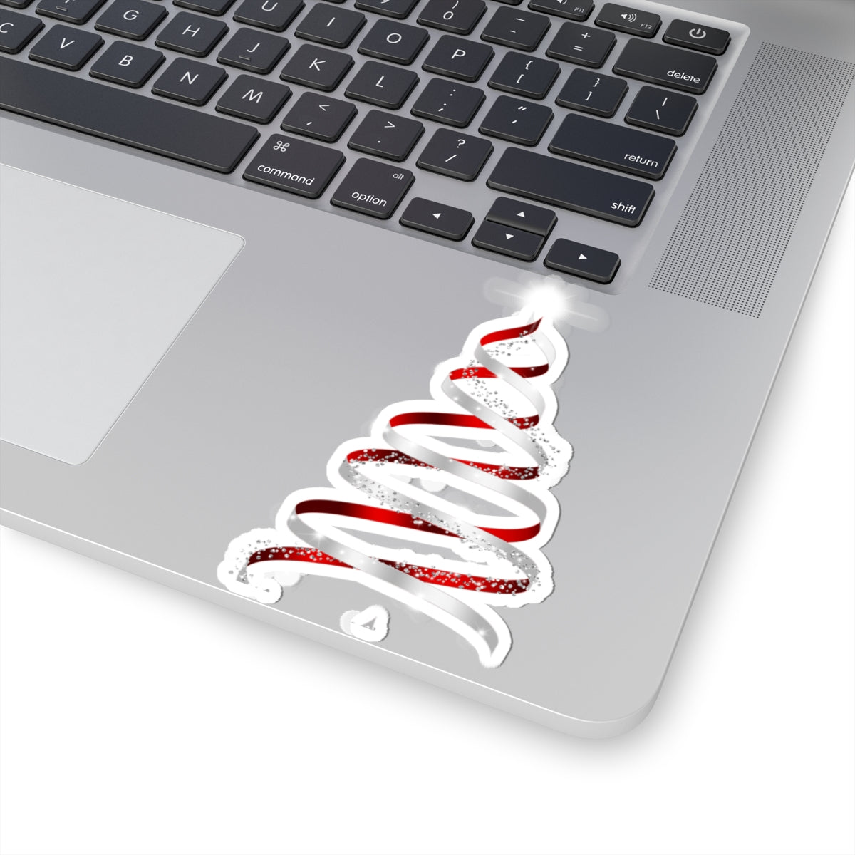 Christmas Ribbon Tree Sticker — Red & White Spiral Holiday Kiss-Cut Sticker