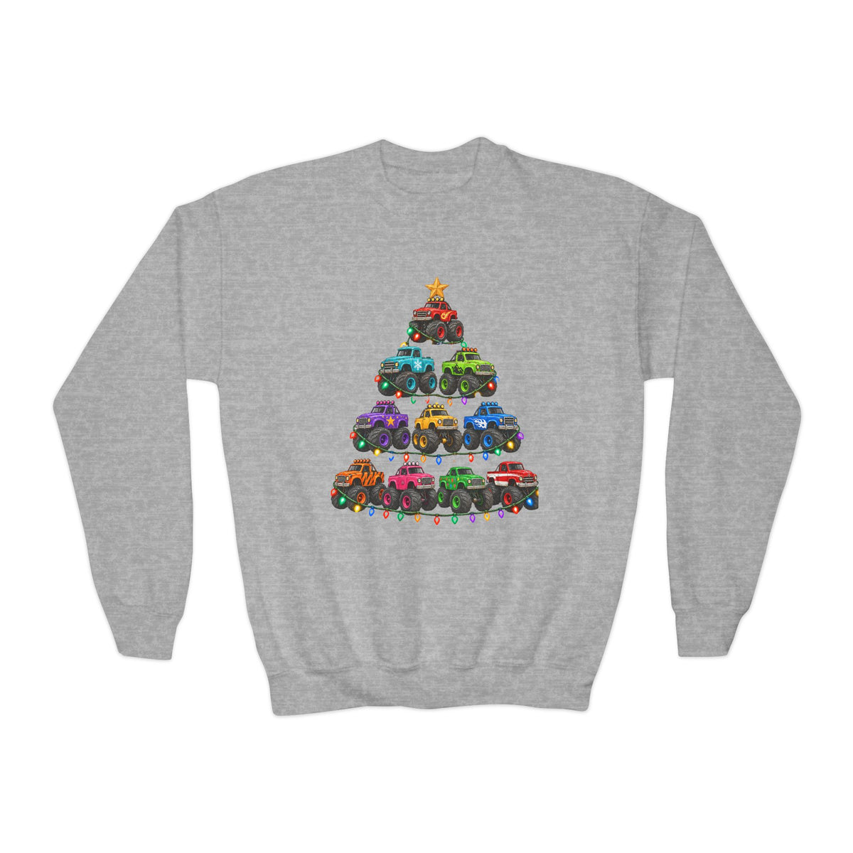 Youth Crewneck Sweatshirt — Colorful Monster Truck Christmas Tree Holiday Sweatshirt
