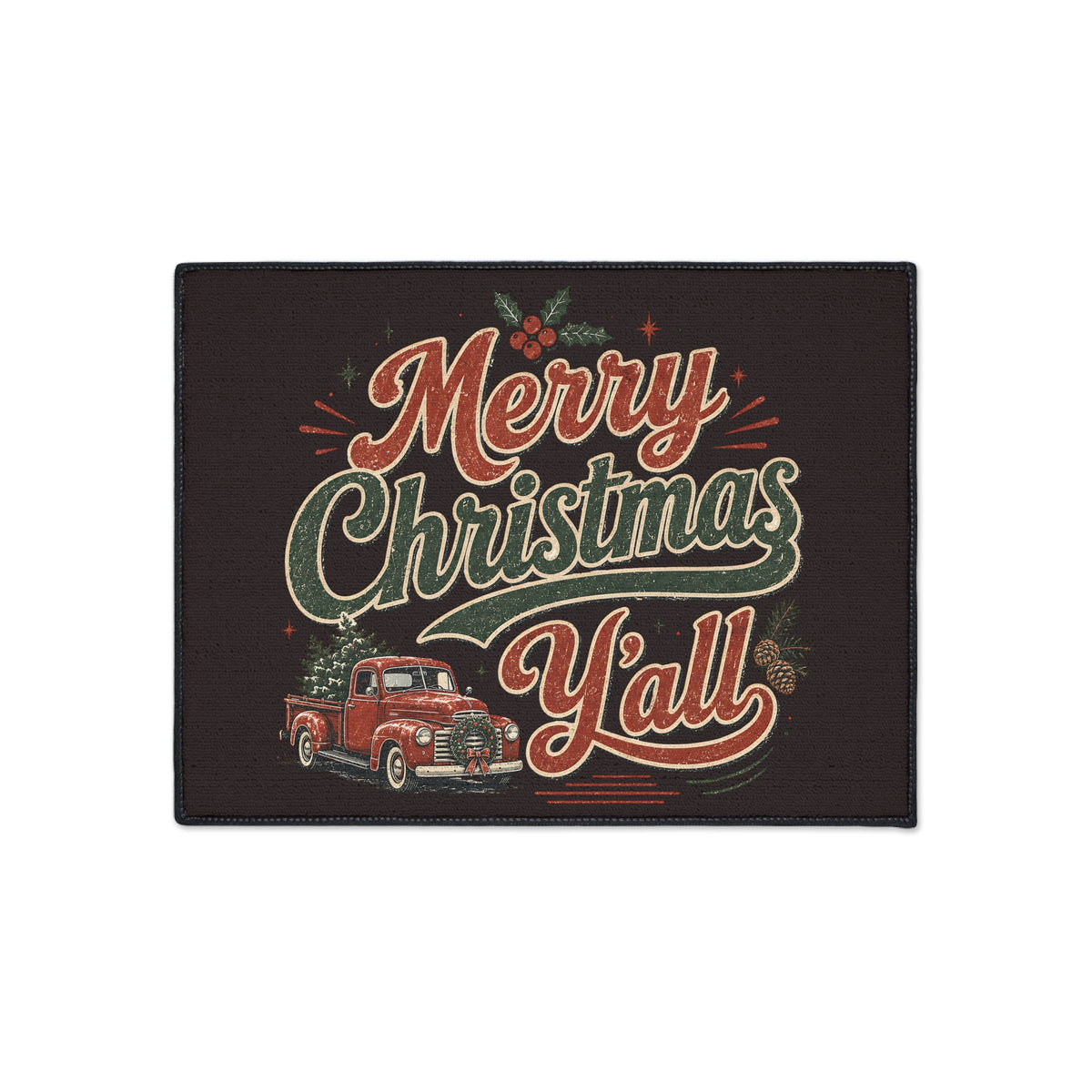 Merry Christmas Y'all Heavy Duty Floor Mat — Vintage Red Truck Holiday Doormat