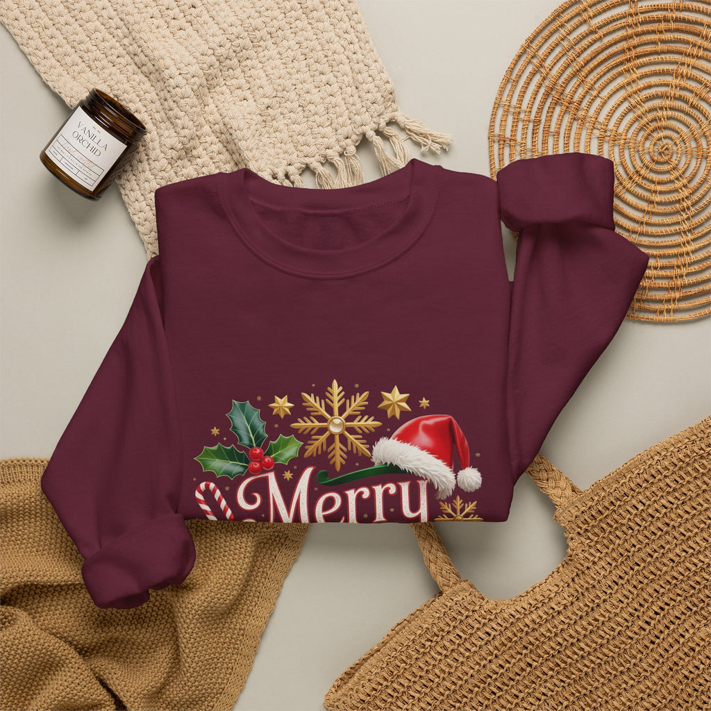 Merry Christmas Crewneck Sweatshirt — Festive Santa Hat & Holly Holiday Pullover