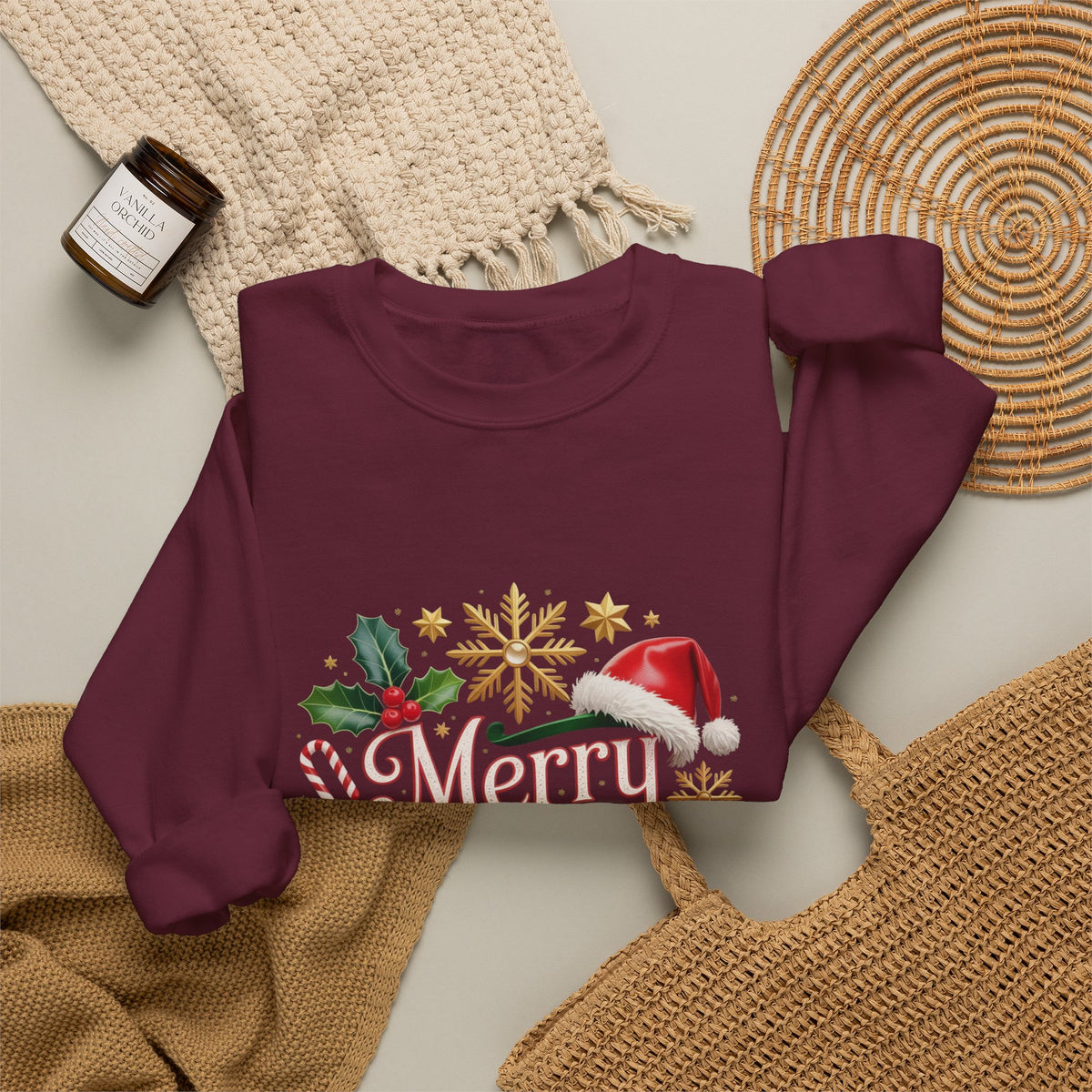 Merry Christmas Crewneck Sweatshirt — Festive Santa Hat & Holly Holiday Pullover