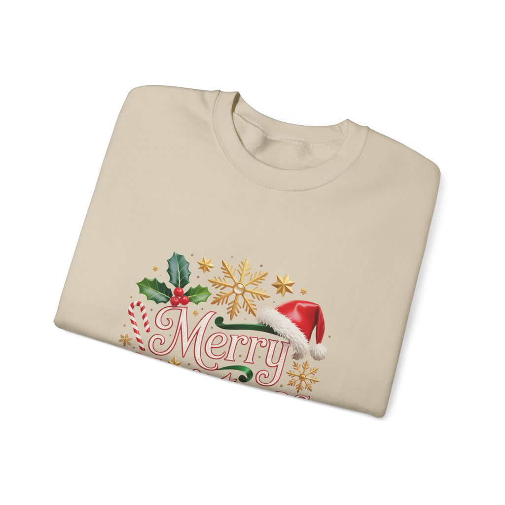 Merry Christmas Crewneck Sweatshirt — Festive Santa Hat & Holly Holiday Pullover
