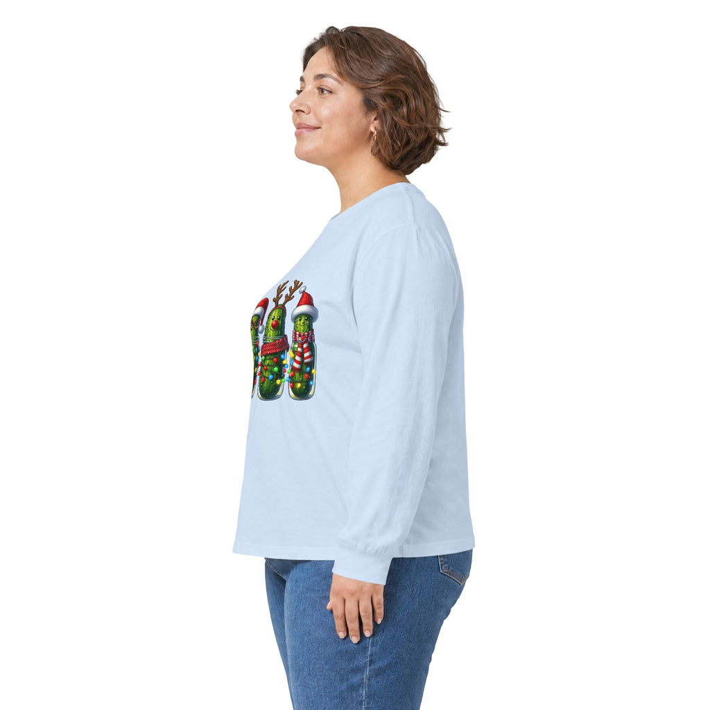 Long Sleeve Tee - Christmas Pickle Family with Santa Hat & Reindeer Holiday Design