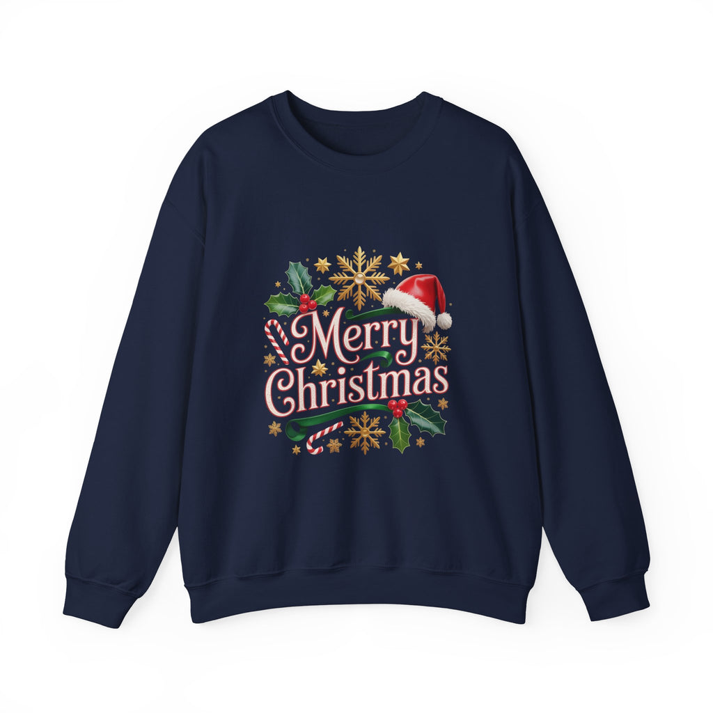 Merry Christmas Sweatshirt - Festive Holiday Crewneck with Santa Hat & Holly