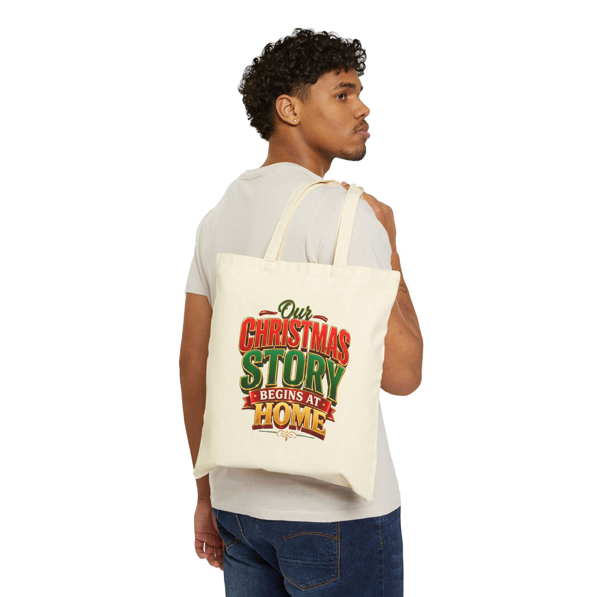 Christmas Story Tote Bag — "Our Christmas Story Begins at Home" Cotton Canvas Tote