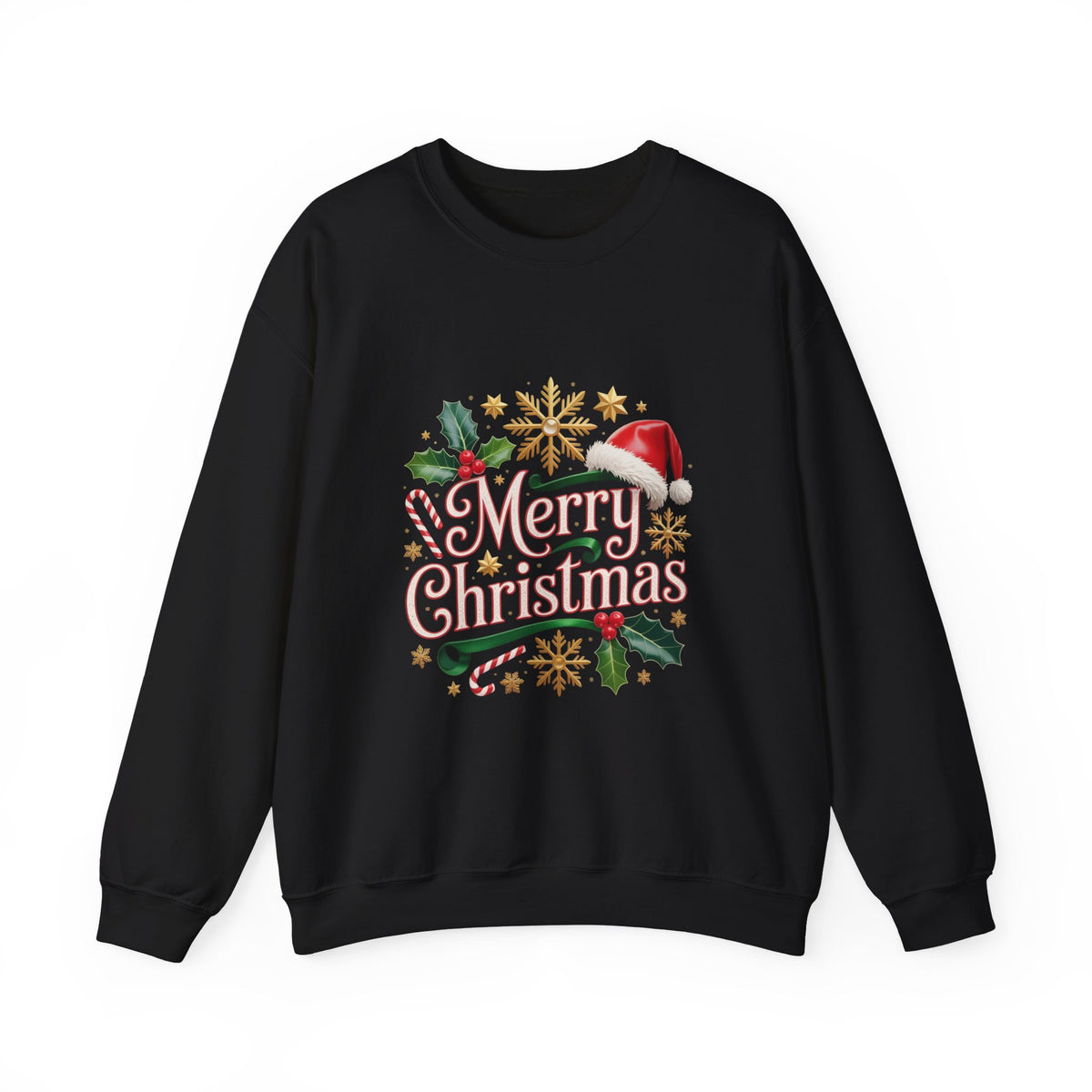 Merry Christmas Sweatshirt - Festive Holiday Crewneck with Santa Hat & Holly