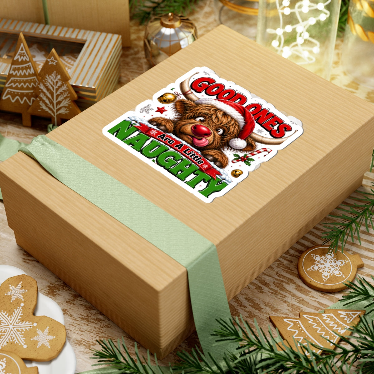 Holiday Sticker — 'Good Ones Are A Little Naughty' Cute Santa Cow Kiss-Cut Sticker