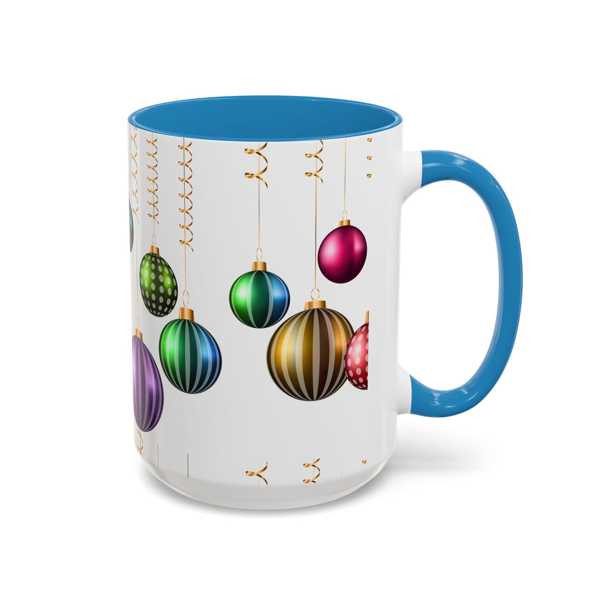 Holiday Ornament Accent Coffee Mug — Colorful Hanging Baubles 11/15oz